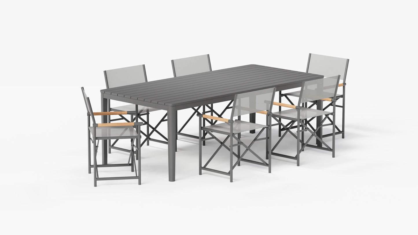 Table de salle à manger rectangulaire d'extérieur en aluminium + 6 chaises de réalisateur en aluminium