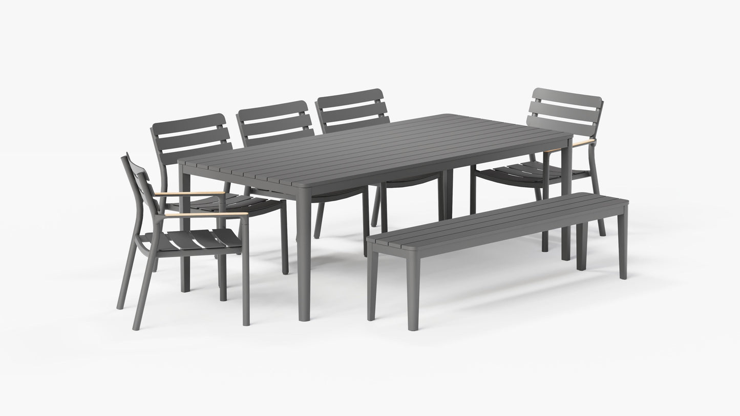 Table de salle à manger rectangulaire d'extérieur en aluminium + 2 fauteuils 595 + 3 chaises sans accoudoirs 595 + banc de salle à manger en aluminium