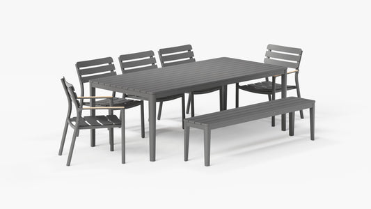 Table de salle à manger rectangulaire d'extérieur en aluminium + 2 fauteuils 595 + 3 chaises sans accoudoirs 595 + banc de salle à manger en aluminium
