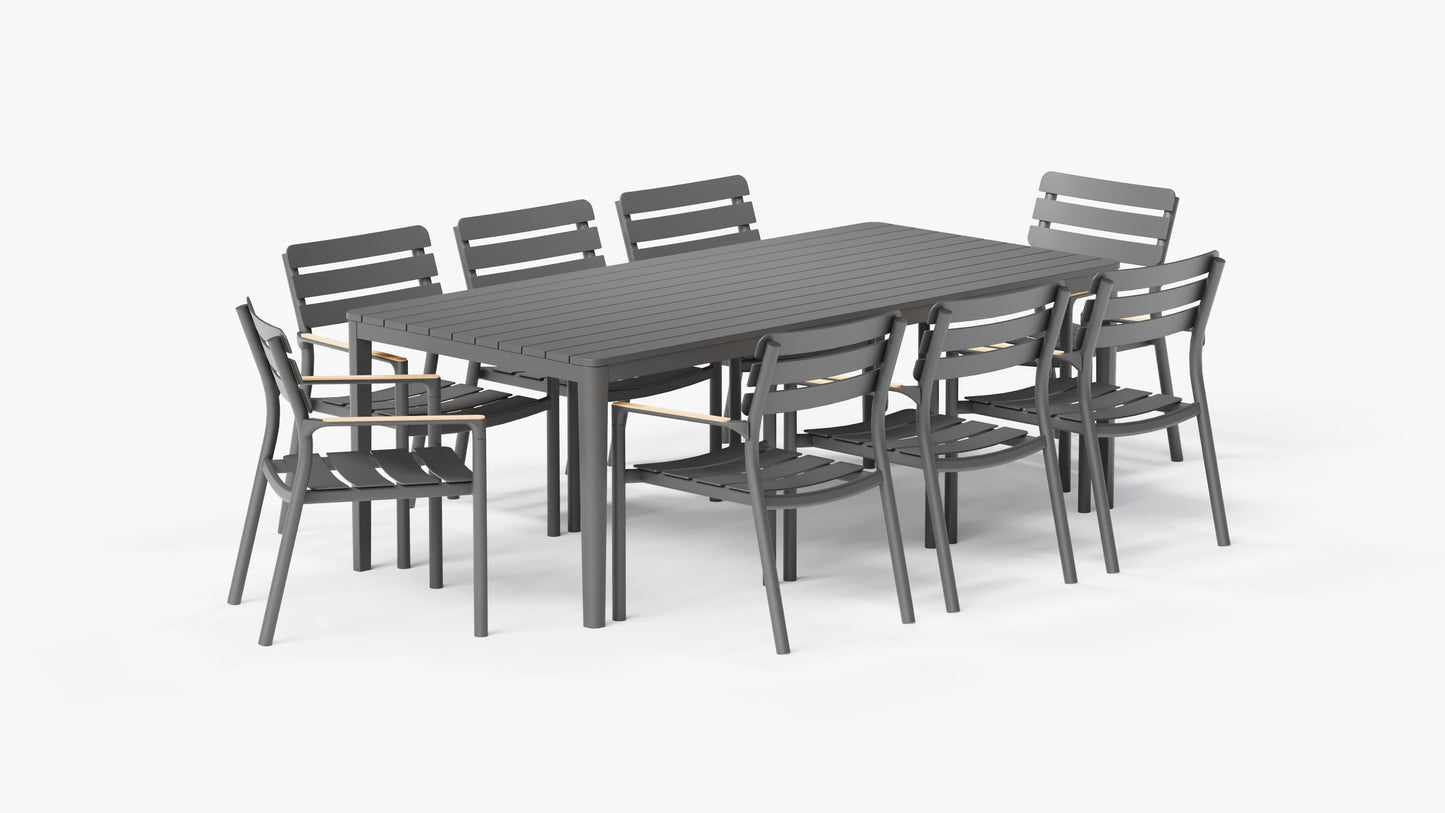 Table de salle à manger rectangulaire d'extérieur en aluminium + 8 fauteuils de salle à manger 595