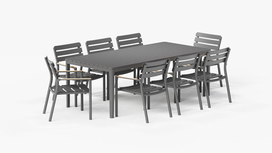 Table de salle à manger rectangulaire d'extérieur en aluminium + 8 fauteuils de salle à manger 595