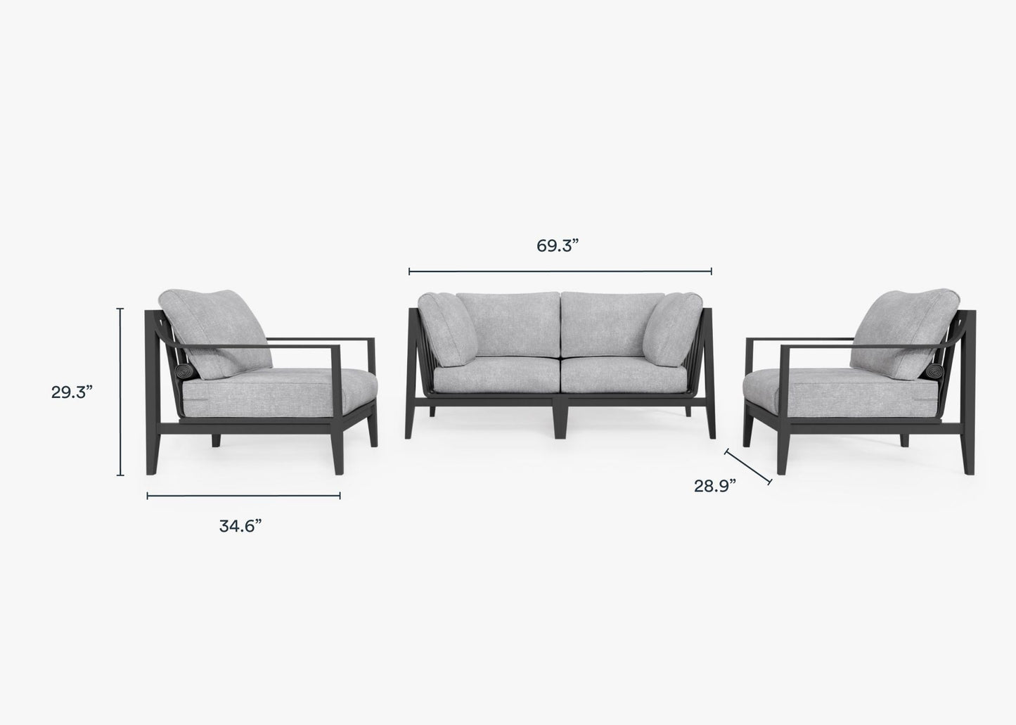 Canapé d'extérieur 4 places en aluminium anthracite avec accoudoirs