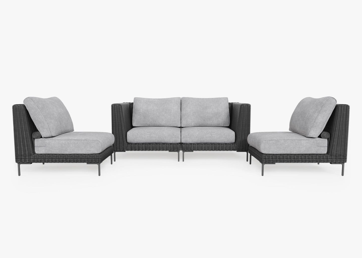 Canapé d'extérieur 4 places en résine tressée noire avec fauteuils sans accoudoirs