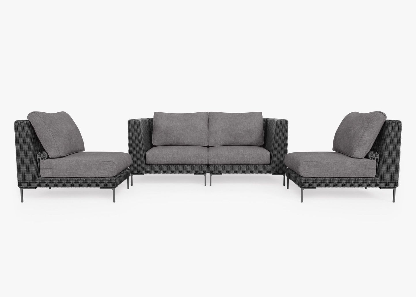 Canapé d'extérieur 4 places en résine tressée noire avec fauteuils sans accoudoirs