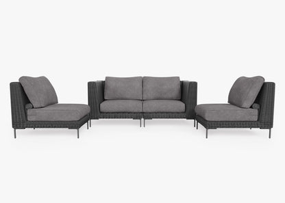 Canapé d'extérieur 4 places en résine tressée noire avec fauteuils sans accoudoirs