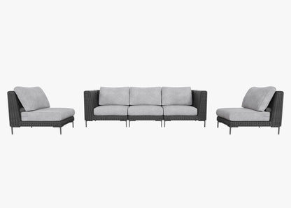 Canapé d'extérieur en résine tressée noire avec fauteuils sans accoudoirs - 5 places