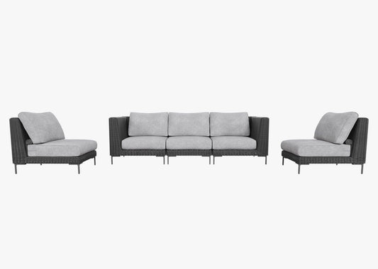 Canapé d'extérieur en résine tressée noire avec fauteuils sans accoudoirs - 5 places