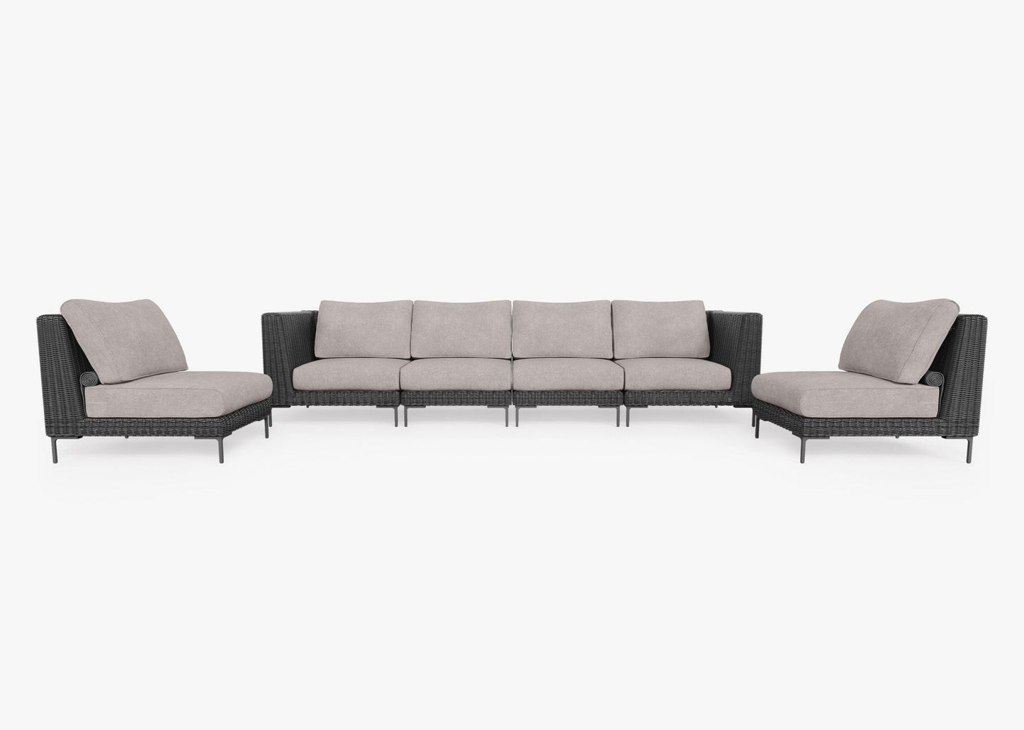 Canapé d'extérieur en résine tressée noire avec fauteuils sans accoudoirs - 6 places