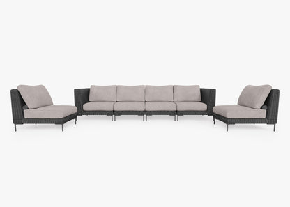 Canapé d'extérieur en résine tressée noire avec fauteuils sans accoudoirs - 6 places