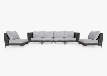 Canapé d'extérieur en résine tressée noire avec fauteuils sans accoudoirs - 6 places