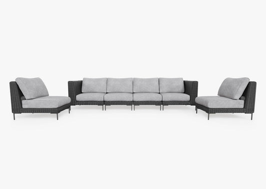 Canapé d'extérieur en résine tressée noire avec fauteuils sans accoudoirs - 6 places