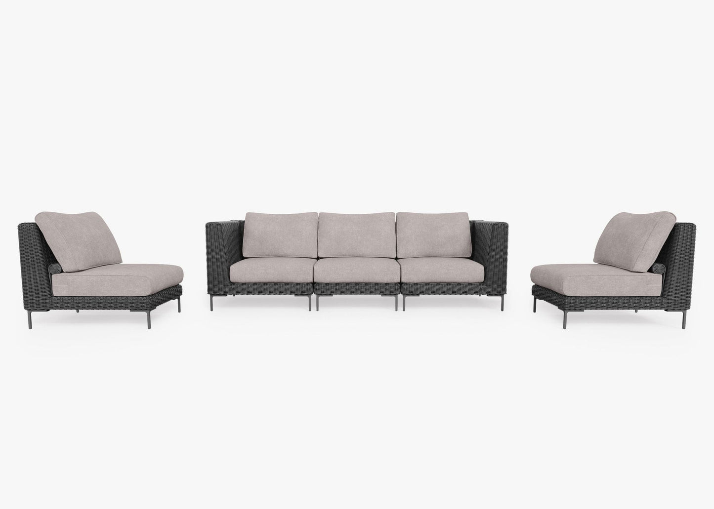 Canapé d'extérieur en résine tressée noire avec fauteuils sans accoudoirs - 5 places