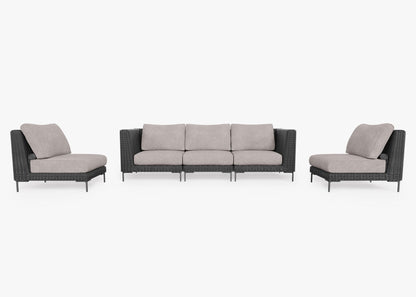 Canapé d'extérieur en résine tressée noire avec fauteuils sans accoudoirs - 5 places