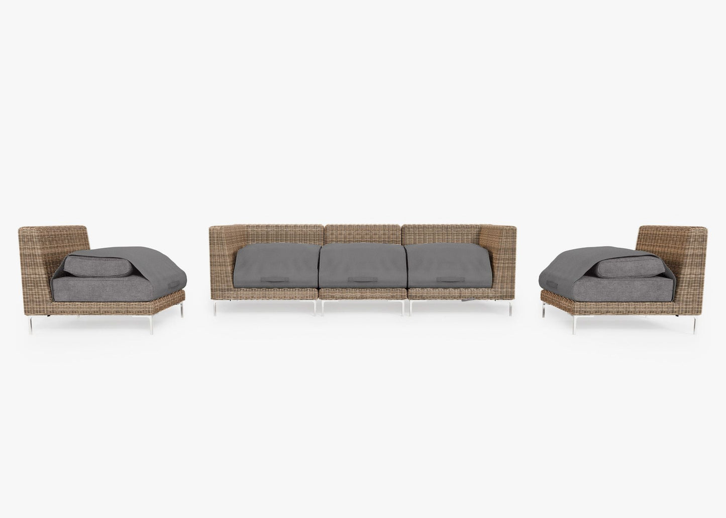 Canapé d'extérieur en osier marron avec fauteuils sans accoudoirs - 5 places