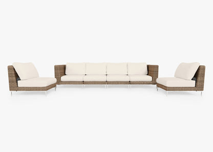 Canapé d'extérieur en osier marron avec fauteuils sans accoudoirs - 6 places