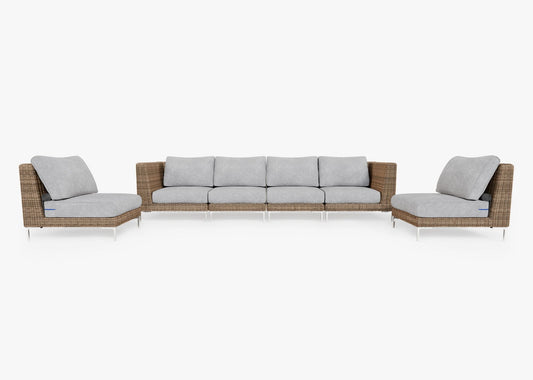 Canapé d'extérieur en osier marron avec fauteuils sans accoudoirs - 6 places