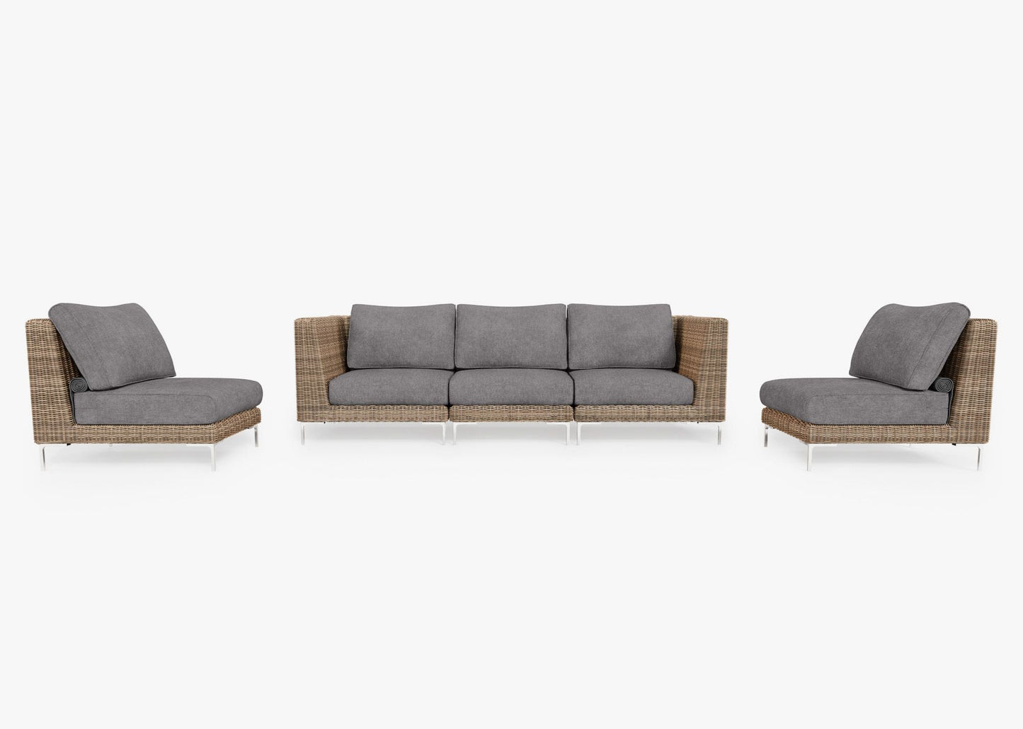 Canapé d'extérieur en osier marron avec fauteuils sans accoudoirs - 5 places