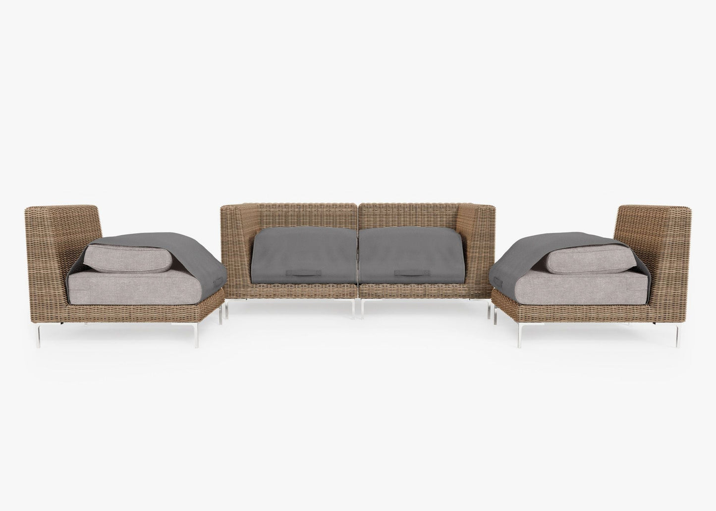 Canapé d'extérieur 4 places en osier marron avec fauteuils sans accoudoirs