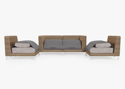 Canapé d'extérieur 4 places en osier marron avec fauteuils sans accoudoirs