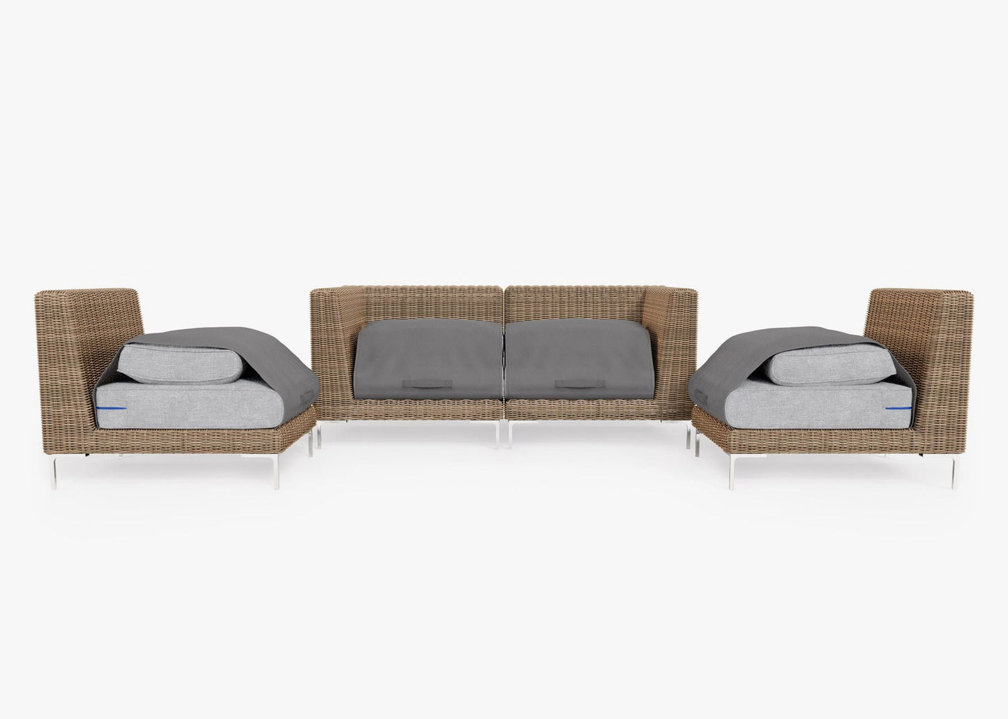 Canapé d'extérieur 4 places en osier marron avec fauteuils sans accoudoirs