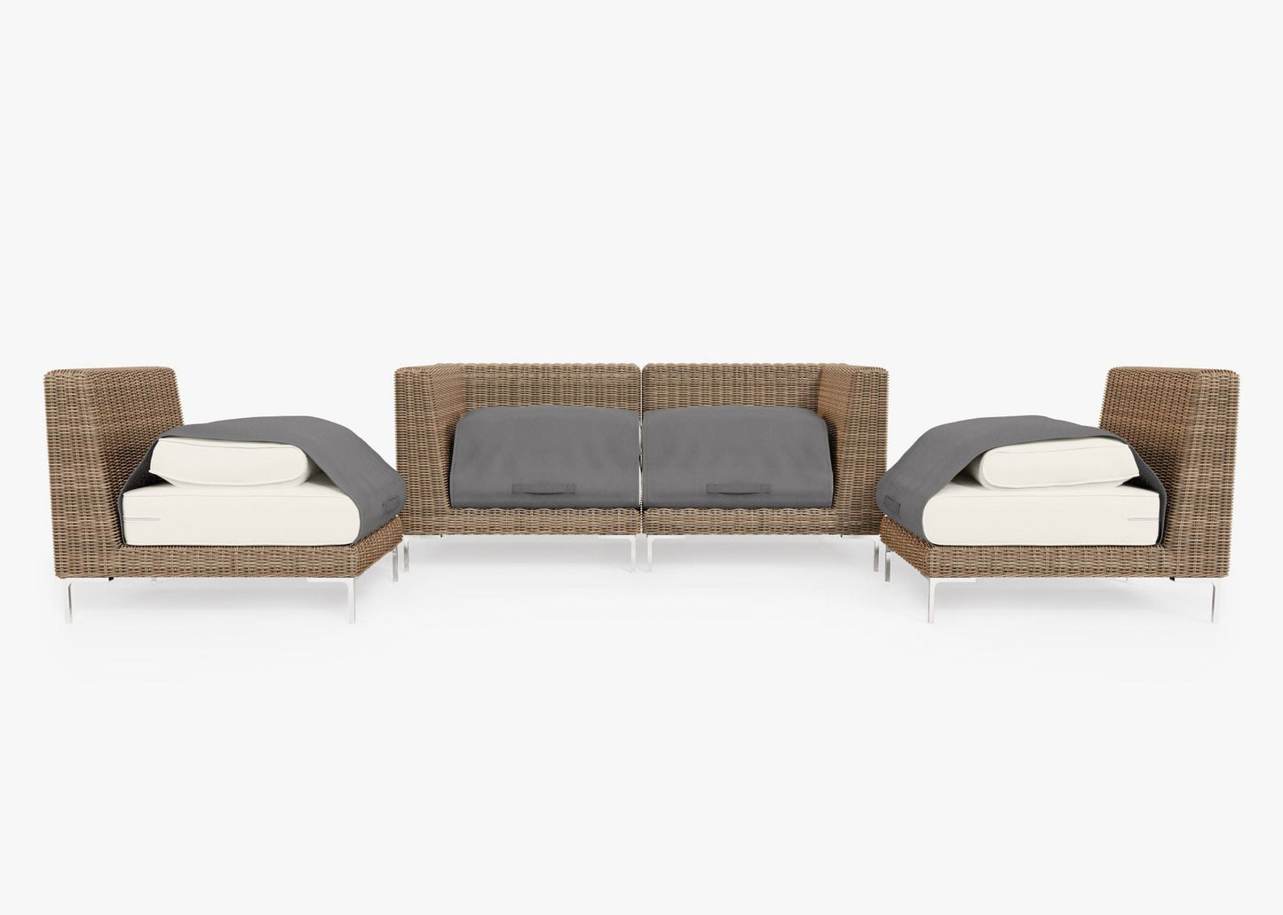 Canapé d'extérieur 4 places en osier marron avec fauteuils sans accoudoirs