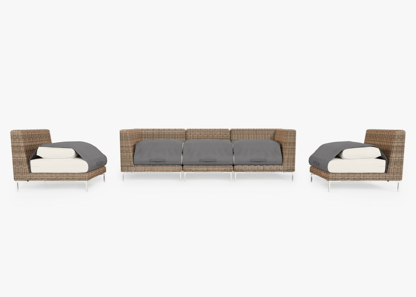 Canapé d'extérieur en osier marron avec fauteuils sans accoudoirs - 5 places