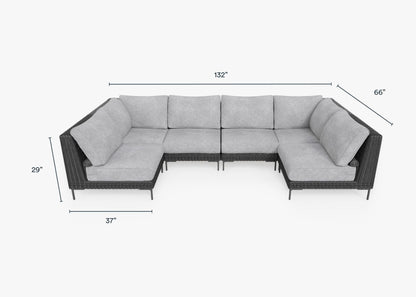 Canapé d'angle d'extérieur en résine tressée noire en forme de U - 6 places