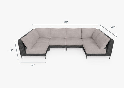 Canapé d'angle d'extérieur en résine tressée noire en forme de U - 6 places