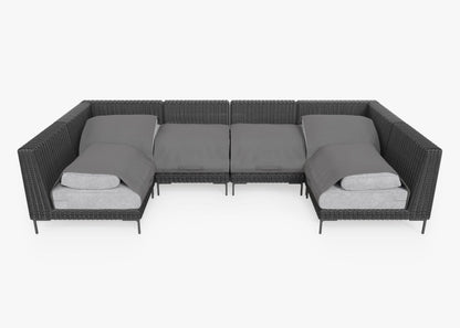 Canapé d'angle d'extérieur en résine tressée noire en forme de U - 6 places