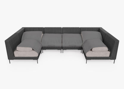 Canapé d'angle d'extérieur en résine tressée noire en forme de U - 6 places