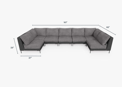 Canapé d'angle d'extérieur en résine tressée noire en forme de U - 7 places