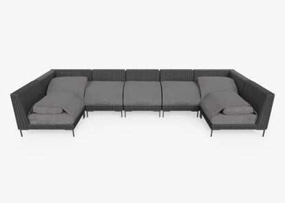 Canapé d'angle d'extérieur en résine tressée noire en forme de U - 7 places
