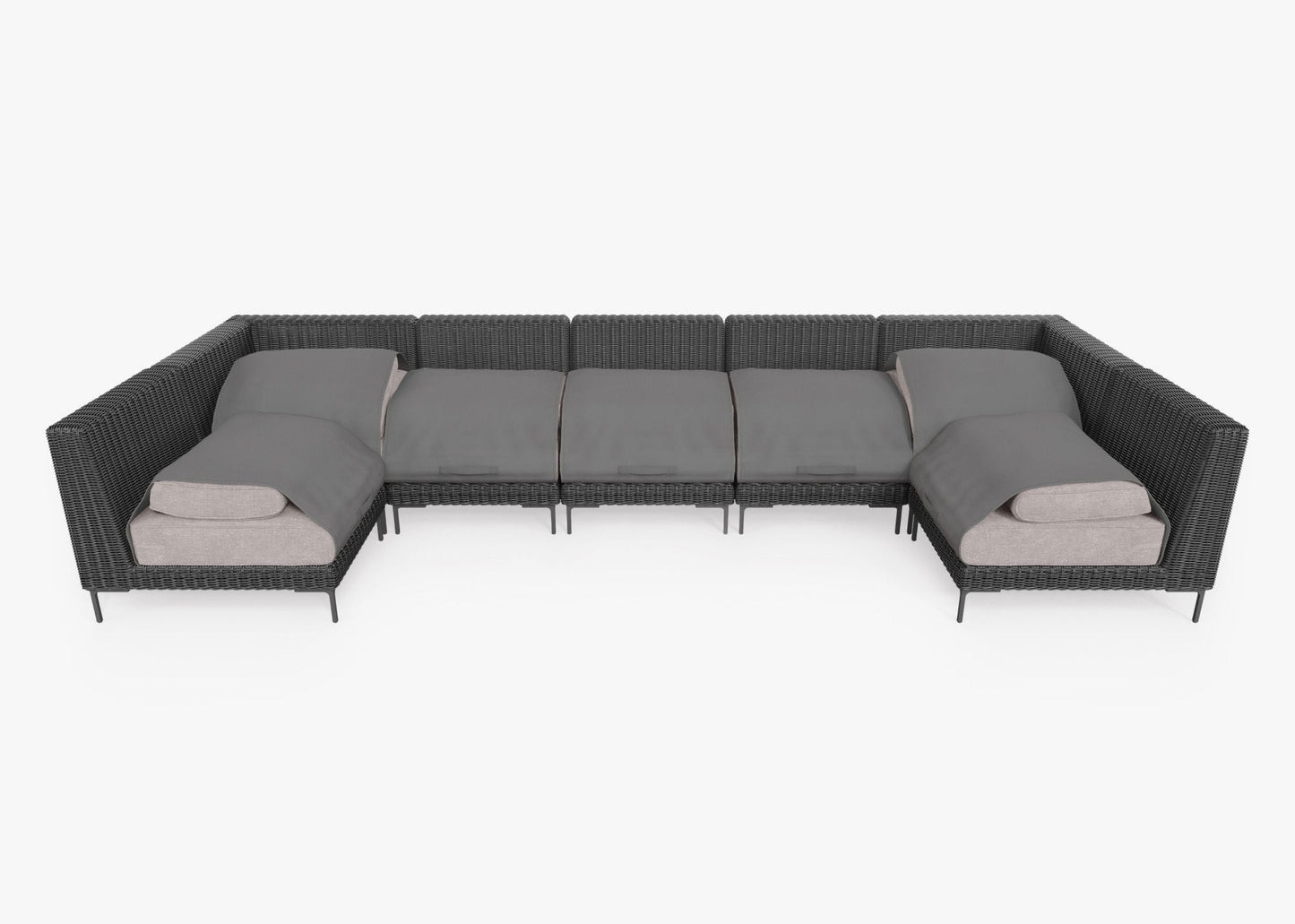 Canapé d'angle d'extérieur en résine tressée noire en forme de U - 7 places