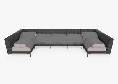 Canapé d'angle d'extérieur en résine tressée noire en forme de U - 7 places