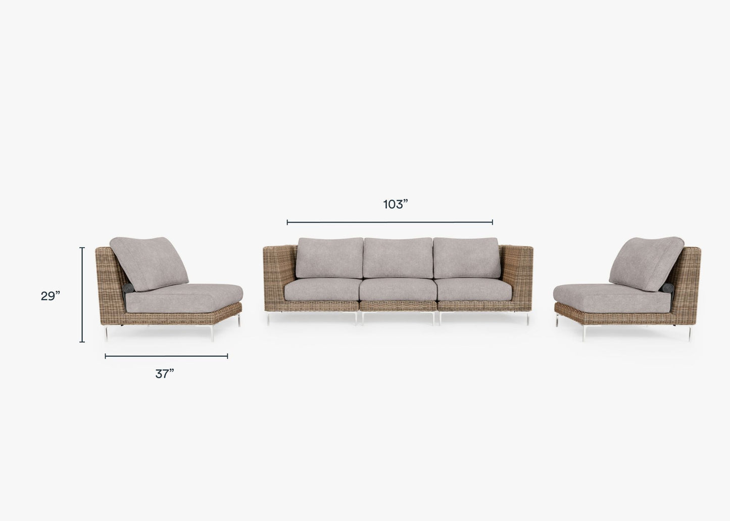 Canapé d'extérieur en osier marron avec fauteuils sans accoudoirs - 5 places