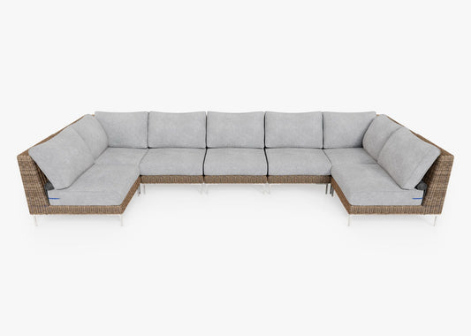 Canapé d'angle d'extérieur en osier marron en forme de U - 7 places