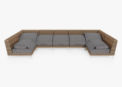 Canapé d'angle d'extérieur en osier marron en forme de U - 7 places