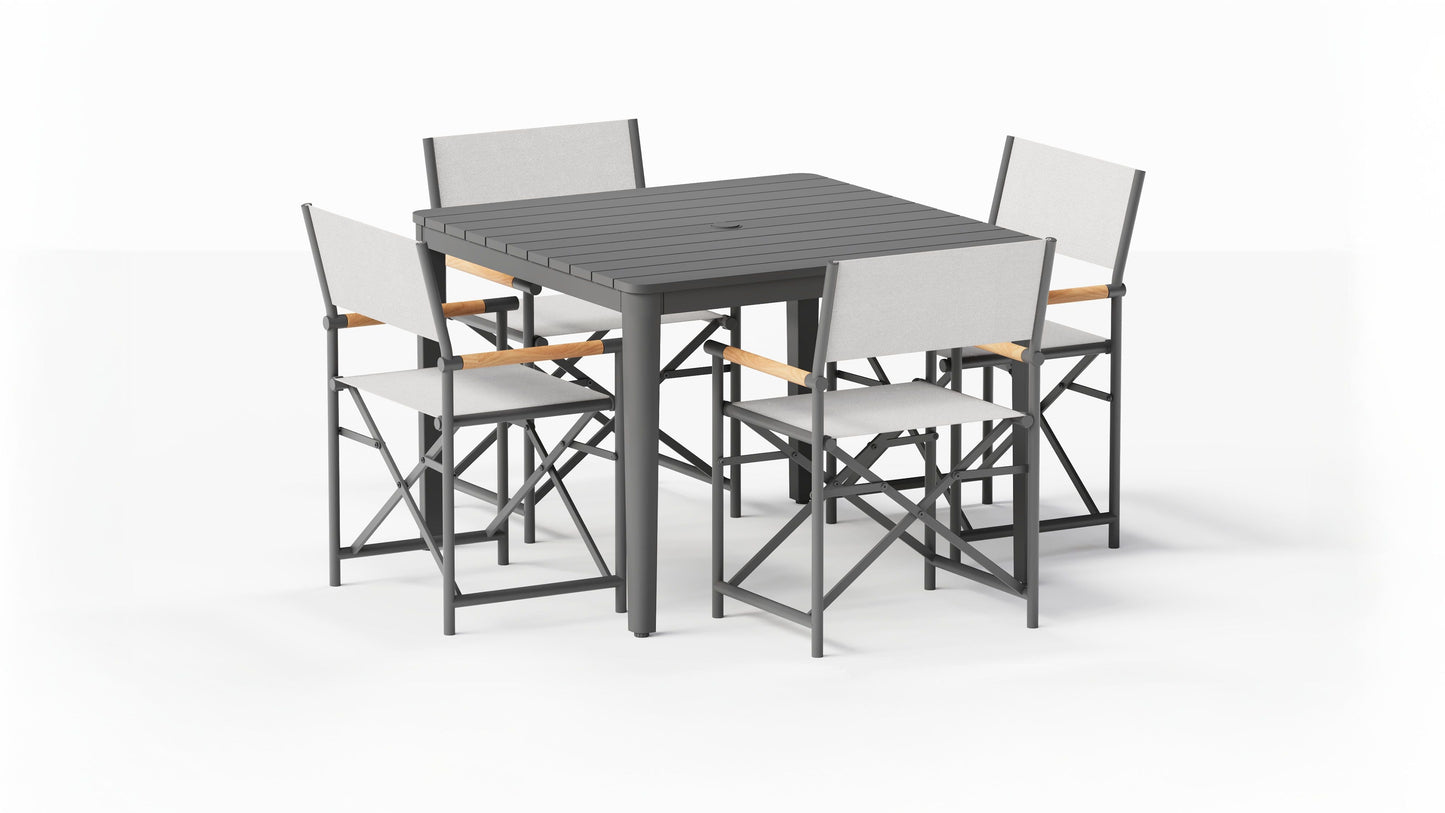 Table de salle à manger carrée d'extérieur en aluminium + 4 chaises de réalisateur en aluminium