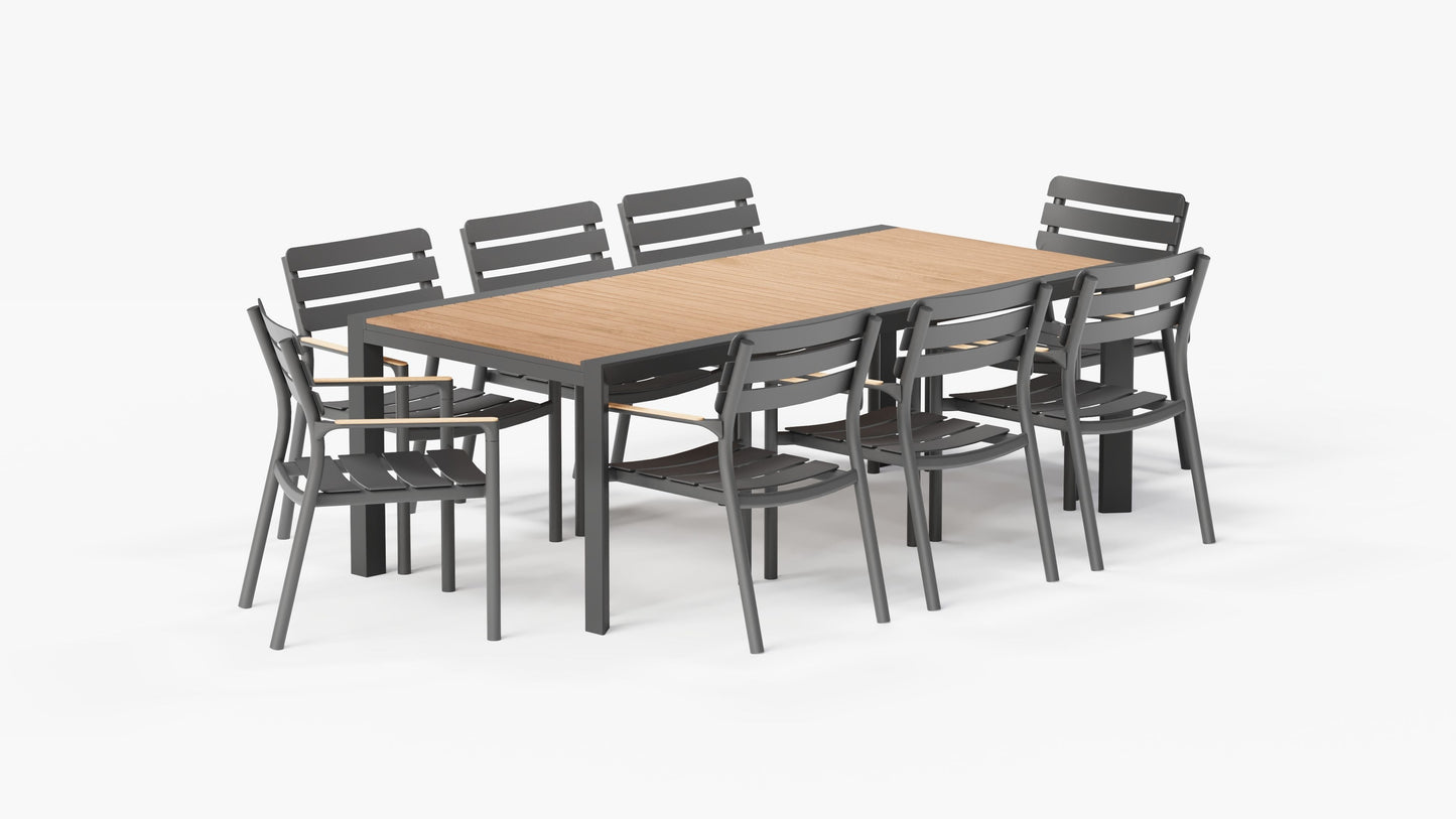 Table de salle à manger extensible d'extérieur en teck et aluminium + 8 fauteuils 595