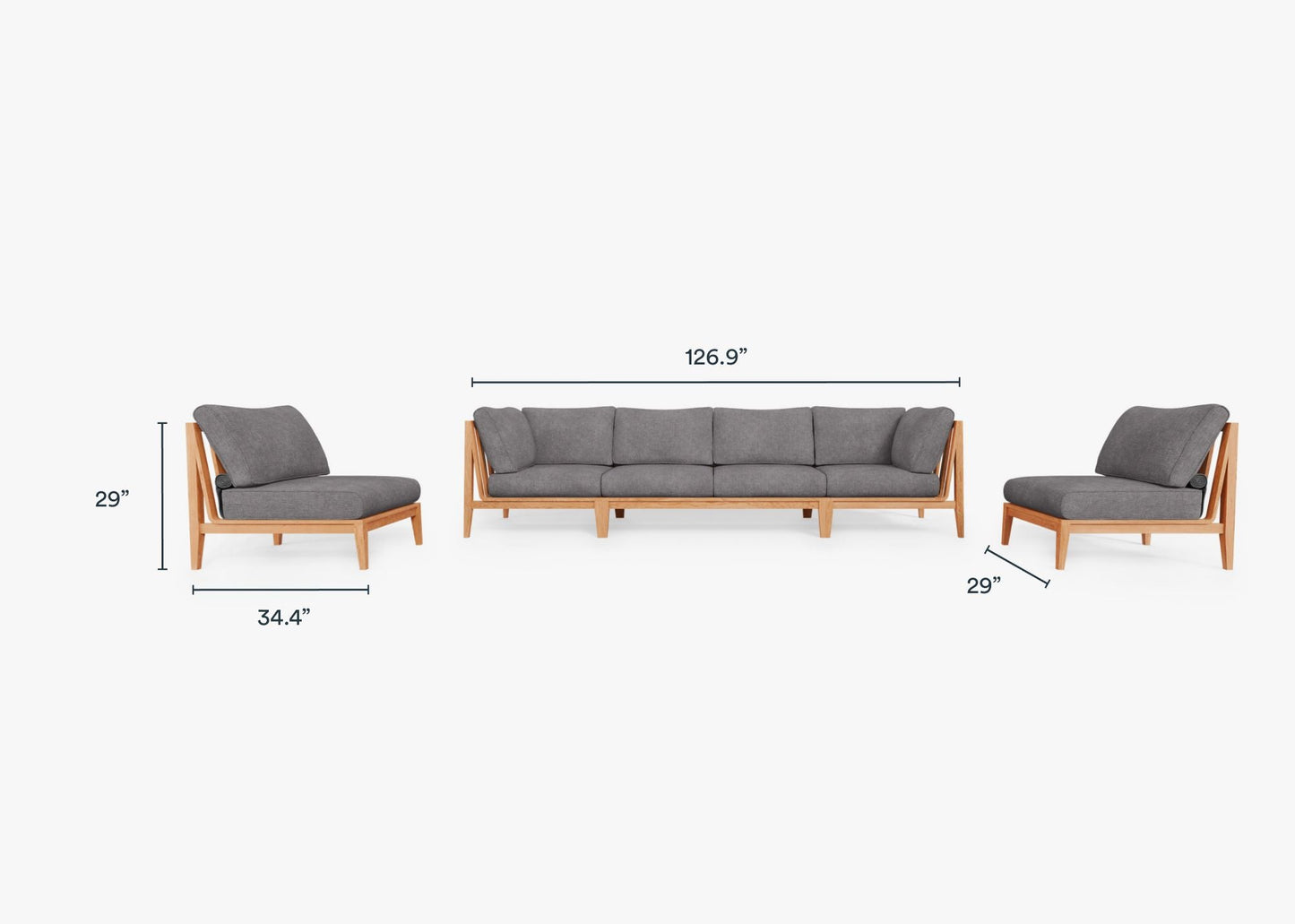 Canapé d'extérieur en teck avec fauteuils sans accoudoirs - 6 places