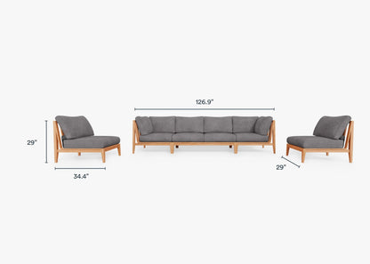 Canapé d'extérieur en teck avec fauteuils sans accoudoirs - 6 places