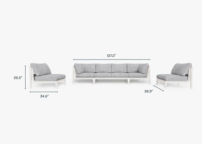 Canapé d'extérieur en aluminium blanc avec fauteuils sans accoudoirs - 6 places