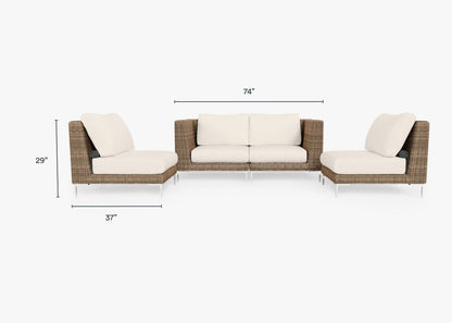 Canapé d'extérieur 4 places en osier marron avec fauteuils sans accoudoirs