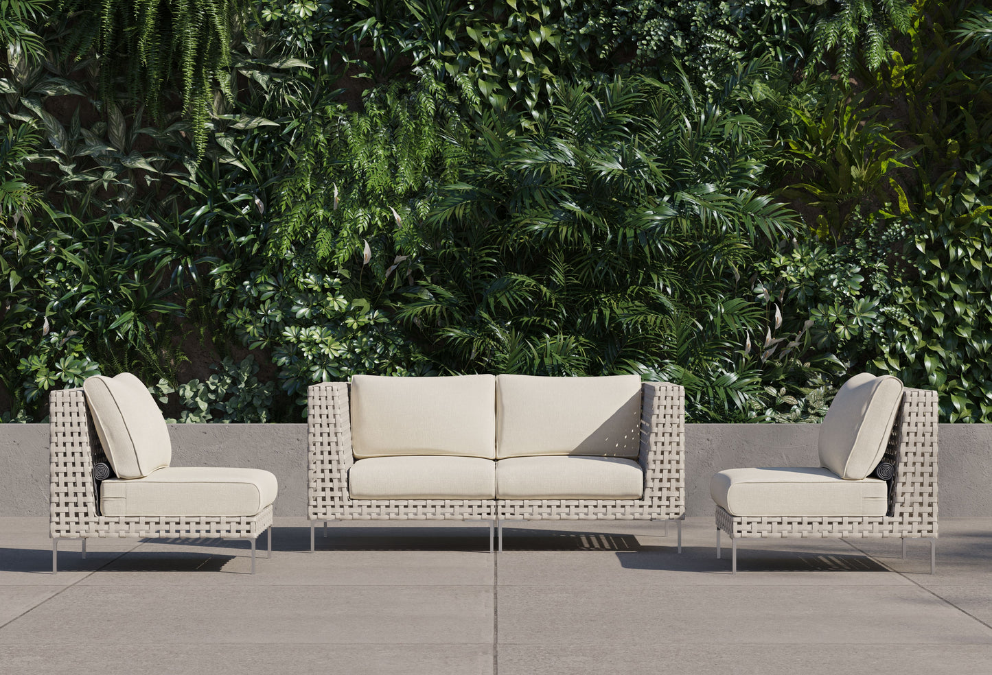 Canapé d'extérieur 4 places en résine tressée ajourée avec fauteuils sans accoudoirs