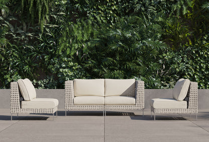 Canapé d'extérieur 4 places en résine tressée ajourée avec fauteuils sans accoudoirs