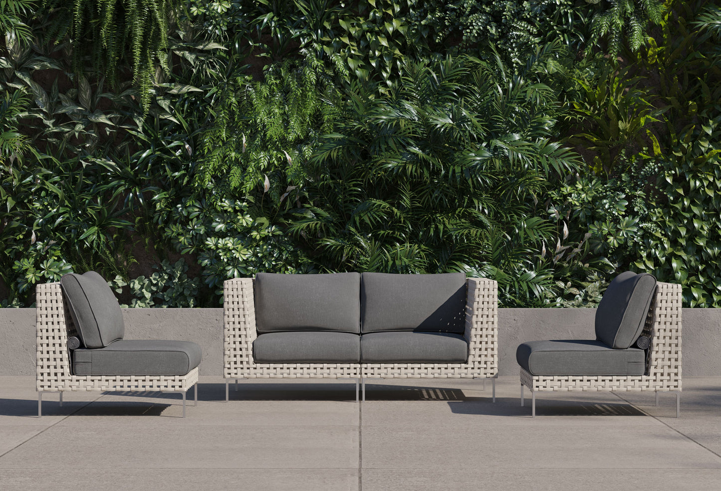 Canapé d'extérieur 4 places en résine tressée ajourée avec fauteuils sans accoudoirs