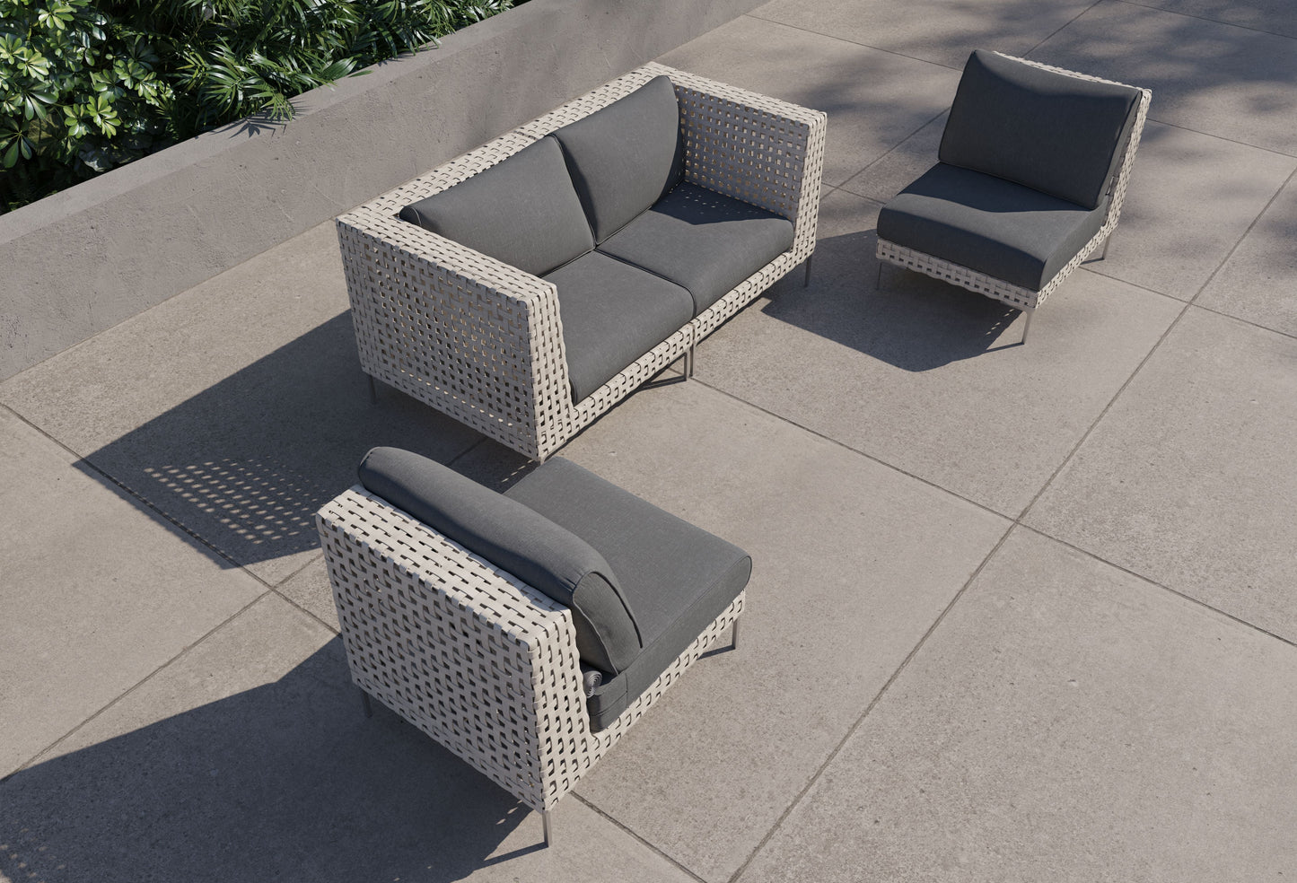 Canapé d'extérieur 4 places en résine tressée ajourée avec fauteuils sans accoudoirs