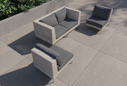 Canapé d'extérieur 4 places en résine tressée ajourée avec fauteuils sans accoudoirs