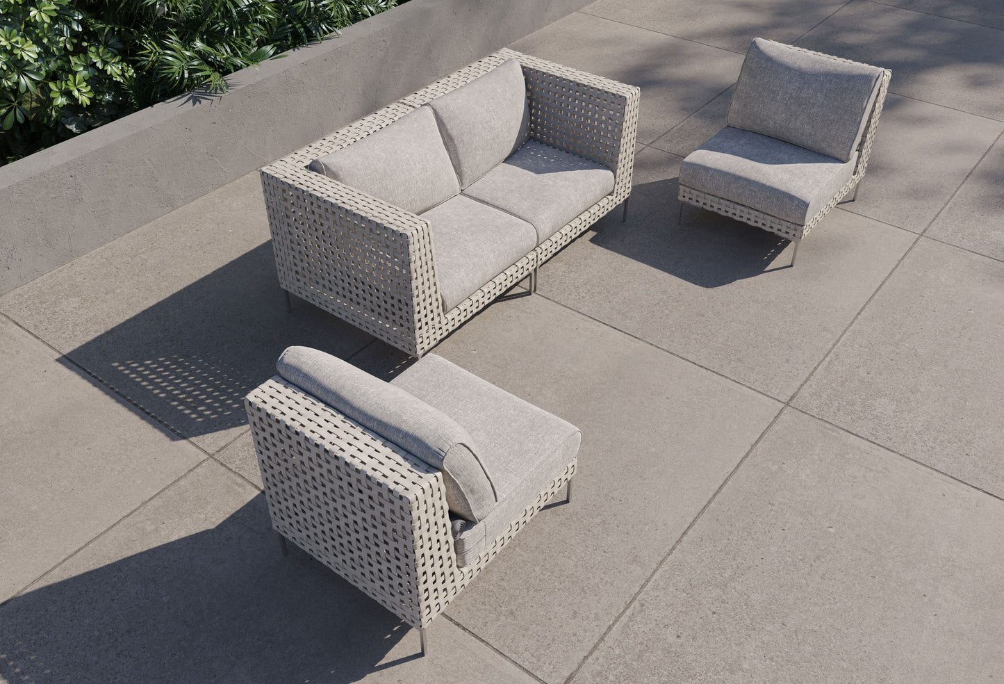 Canapé d'extérieur 4 places en résine tressée ajourée avec fauteuils sans accoudoirs