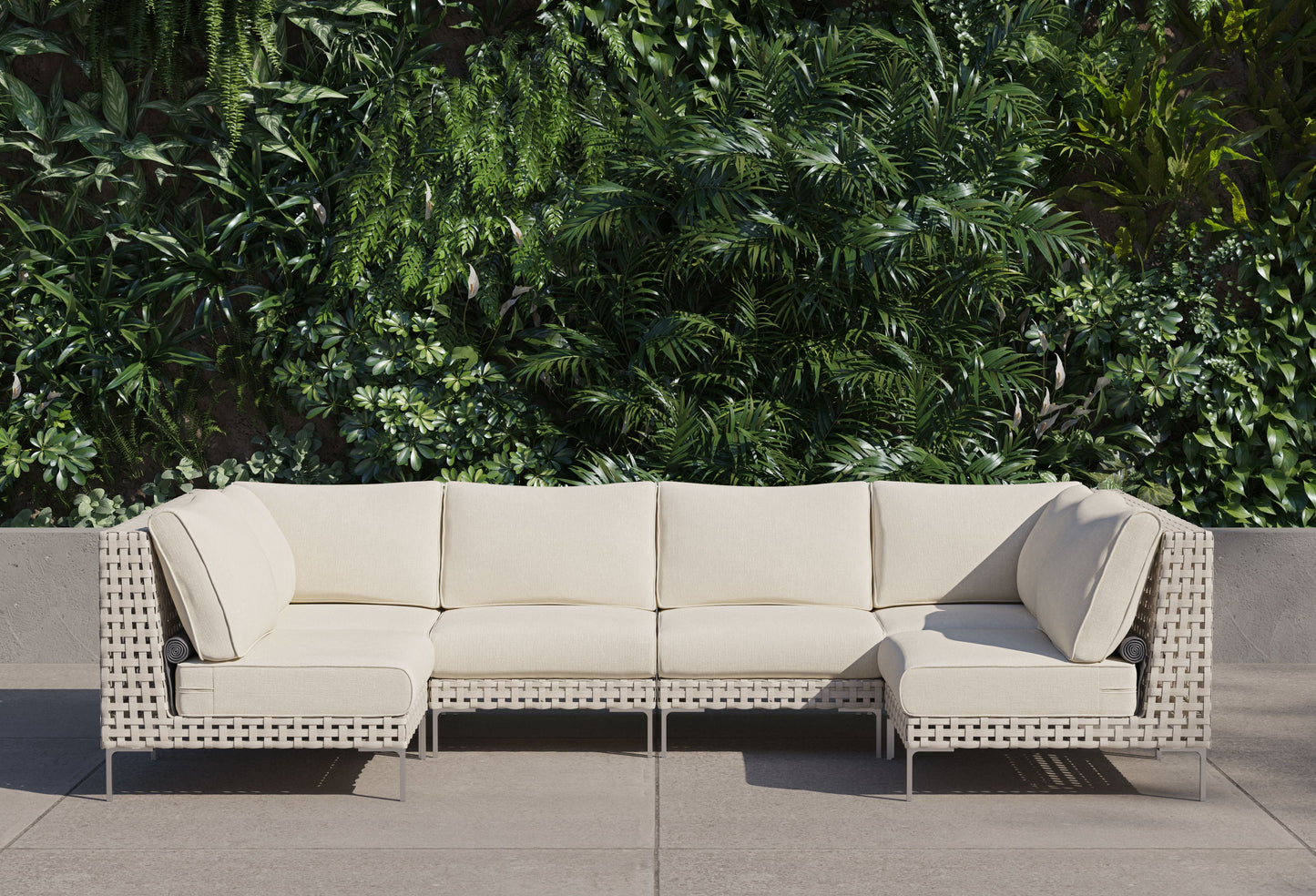 Canapé d'angle d'extérieur en résine tressée ajourée en forme de U - 6 places